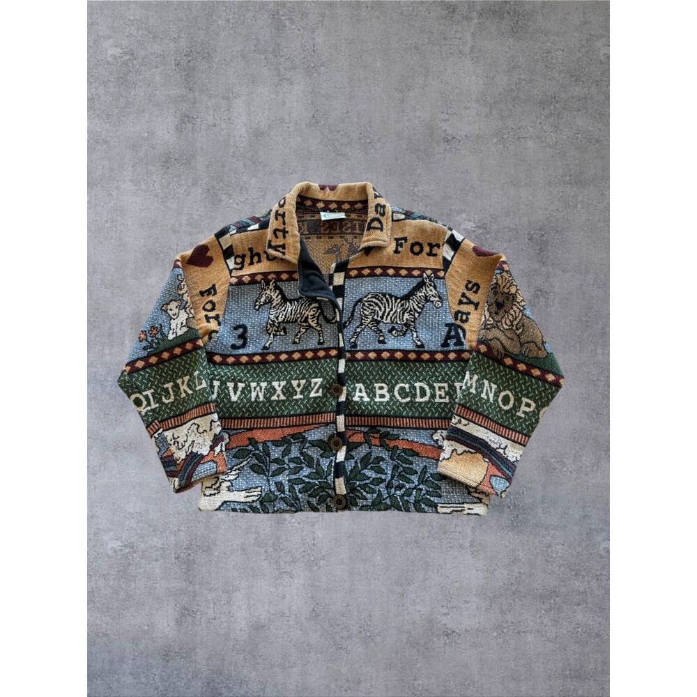 VTG Sugar Street Weavers Noah’s Ark Tapestry Jacket Promises Kept Animals USA OS
